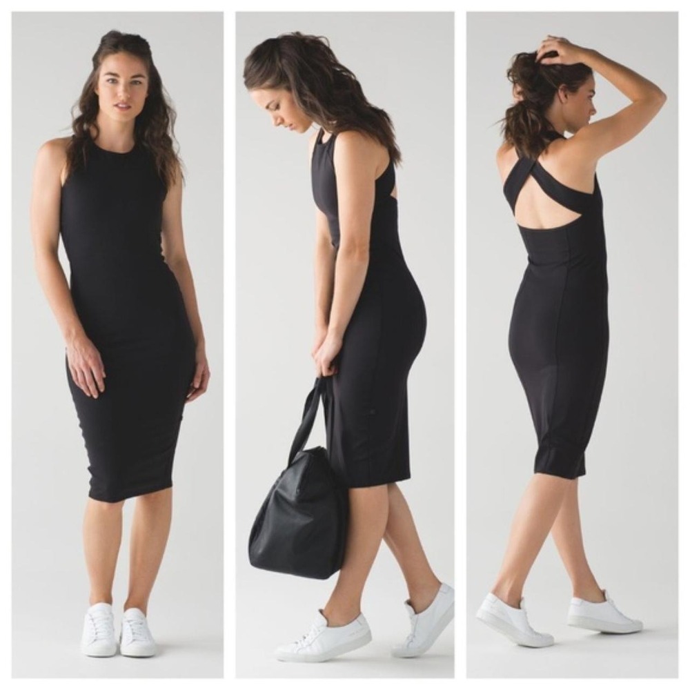 Lululemon Picnic Play Bodycon Dress Black Midi Cross Back Luon Size 6